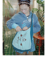 UnsocialNight original literary retro versatile カジュアル イラストプリントワンショルダークロスボディバッグ for women