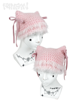 Handcrafted Crochet Cat Ear Beanie with Side Bows，Fluffy Long Fuzzy Brim,  knit Cute Hat