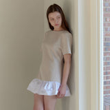 BOAT NECK FRILL DRESS / BEIGE