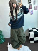 TEDDY BABY 🤎🐻🧸 OVER CARGO STRING FUR PANTS 💚🤎🖤🧡4COLOR