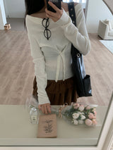First Muse Off-Shoulder Front Button Long Sleeve Knit Top (2 Colors)