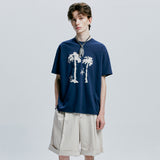 パームツリー＆アイレットチェーンニードルワークTシャツ　ネイビー