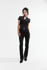 LACE SHIRRING SHIRT #NAVY&BLACK