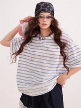 レースストライプミックススリムフィットTシャツ