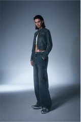 Sand Washing Crop Biker Denim Jacket
