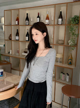 Raymi Heart Neck Shirring Slim Rib T-Shirt (4color)
