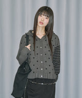 Dot Frill Jacquard Knit Cardigan - CHARCOAL MELANGE