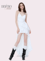 wrench lace unbalanced frill sleeveless dress