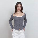 C 2-WAY ROSE BUTTON CARDIGAN SET_CHARCOAL