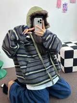 ストライプフリースワンサイドストリングアノラックニットスウェット 💙🩶🧡3COLOR
