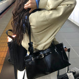 [Kyoto Look🌳✨/Airport Bag] Fancy Fake Leather Belt Square Shoulder Bag tote Bag Travel Auxiliary Bag 4 colors [Black only]