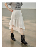 Asymmetric Lace Mix Silk Midi Skirt