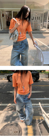 カラー バックオープン ルーズフィット 半袖Tシャツ