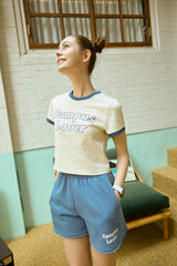 キャンパスラバークリームクロップ半袖リンガーtシャツ