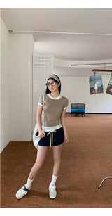 Navy drawstring terry mini skirt