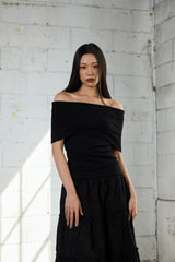 Drape Off-Shoulder T-Shirt - Black