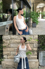 カラーハートビーズホルターネックスリーブレスTシャツ