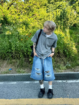 ダブルデストロイデニムバミューダパンツ1C