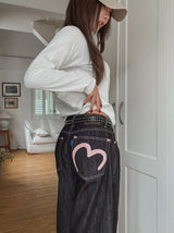 Heart pink stitch indigo denim pants