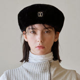 VA Square Stud Fur Beret / Black