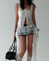unbalanced see-through frill layered belt skirt