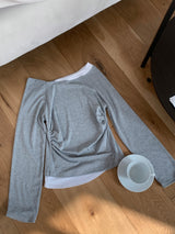 Milky Unbalance Off-Shoulder Boatneck Shirring Long Sleeve T 