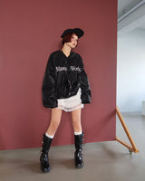 [UNISEX] leather glossy lettering oversized fit sweatshirt