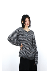 RELABEL (Vision) Lightweight, velvety-textured striped patchwork long-sleeved T-shirt with a wet-look finish, studded details and a scoop neck