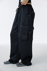 SATIN WIDE CARGO PANTS	(BLACK)