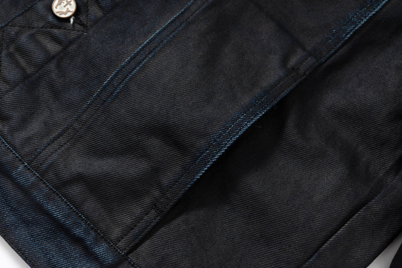 COATED KNIFE-SCRAPED HAND-WIPED DISTRESSED DENIM JACKET