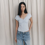 C V-NECK LACE SHIRRING TOP_LIGHT BLUE