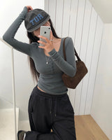 [ORIGINAL] Clock Ribbed Henley Neck Long-Sleeve T-Shirt