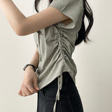 Shirin stripe side string short sleeve hooded blouse cardigan