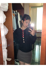 Red bow slit long-sleeved knit shirt