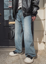 Crystal lettering washed denim pants