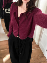 Round Loose Crop Shaggy Knit Cardigan (6color)