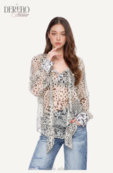 Leopard see-through frill blouse