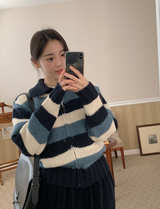 Border Wool Collar Zip-up Knit Cardigan (2color)