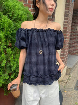 Ame Check Off-Shoulder Frill Short Sleeve Blouse