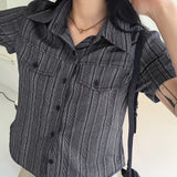 Hashi Western Striped Pocket Cropped Short Sleeve Shirt