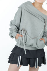 offshoulder ribbon hoodie(gray)