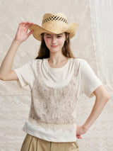 Tweed Lace Layered Faux Two-Piece Bustier Tee