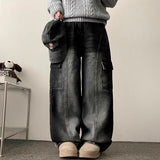 クレウエストバンドにスリット入りカーゴデニムワイドパンツ
