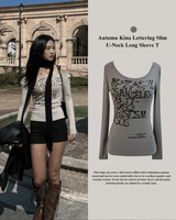 Autumn Kina Lettering Slim U-Neck Long Sleeve T (Beige)