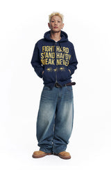 Stripe Lettering Denim Pants - Medium Blue