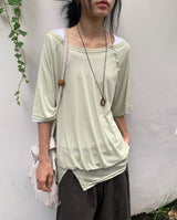 Shushup Off-Shoulder Tencel Layered Snap Short Sleeve Tee
