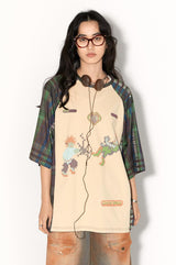 ミルクシルクチェック柄パッチワークデザイン半袖Tシャツ