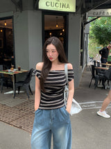 [ORIGINAL] クリーストライプオフショルダーTシャツ