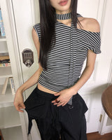 スリムフィットストライプキャップスリーブオフショルダーTシャツ