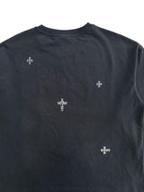 フロックデニムパッチワーク刺繍テキストプリントウォッシュ長袖Tシャツ